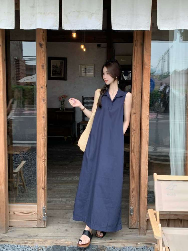 실사 정가 한 부서 미니멀리즘 POLO 칼라 민소매 여성 드레스 루즈핏 품격 조끼 스커트 느슨함 센스 롱 스커트 상세 이미지 6
