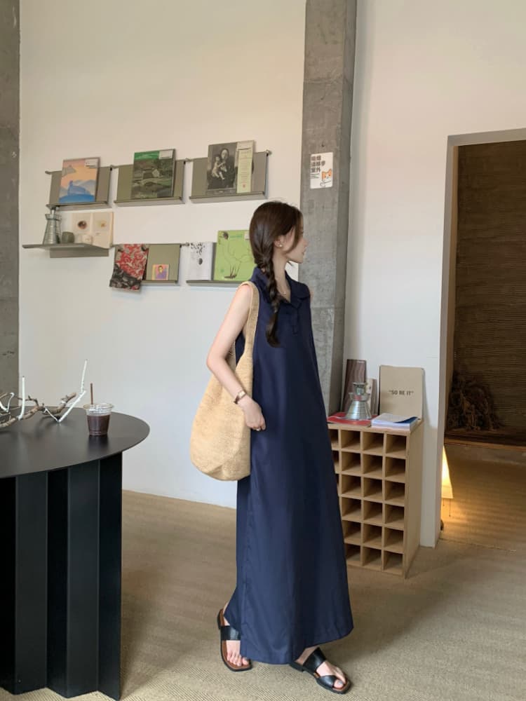 실사 정가 한 부서 미니멀리즘 POLO 칼라 민소매 여성 드레스 루즈핏 품격 조끼 스커트 느슨함 센스 롱 스커트 상세 이미지 8