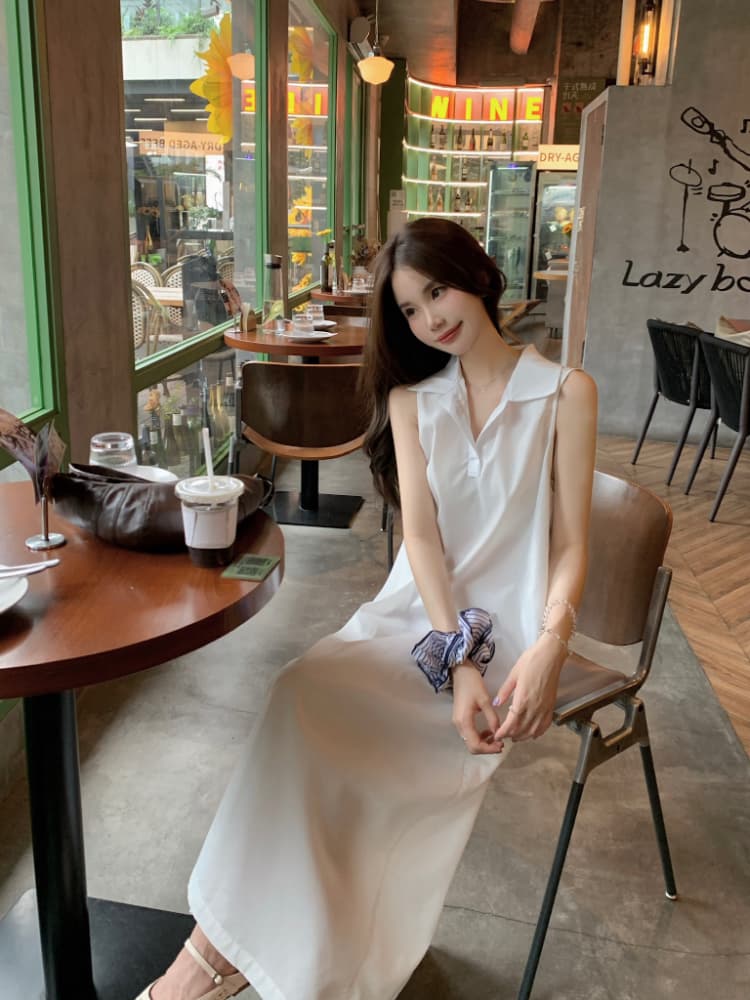 실사 정가 한 부서 미니멀리즘 POLO 칼라 민소매 여성 드레스 루즈핏 품격 조끼 스커트 느슨함 센스 롱 스커트 상세 이미지 11