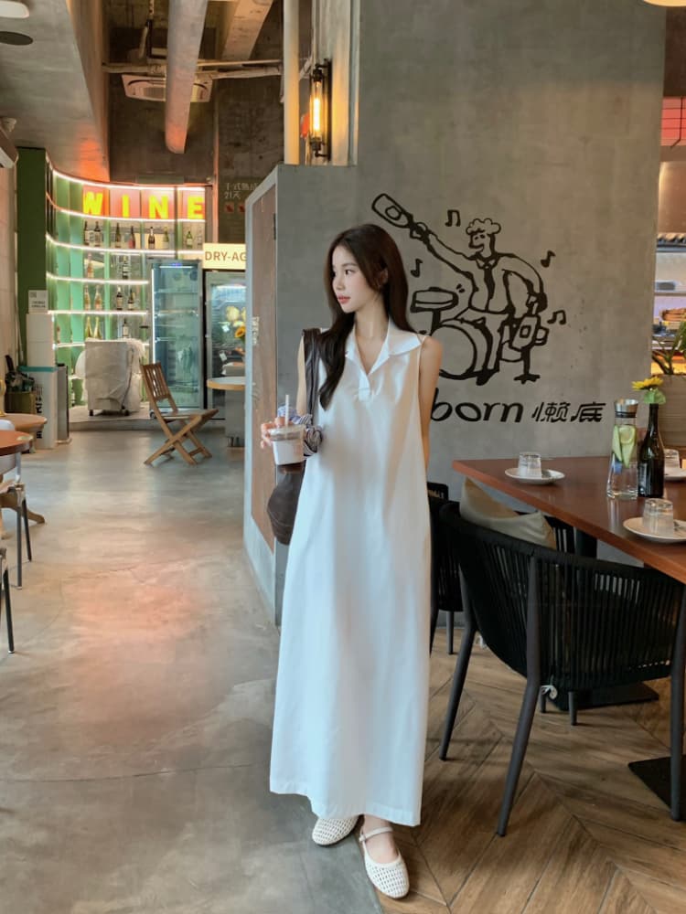 실사 정가 한 부서 미니멀리즘 POLO 칼라 민소매 여성 드레스 루즈핏 품격 조끼 스커트 느슨함 센스 롱 스커트 상세 이미지 13