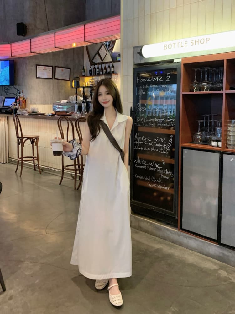 실사 정가 한 부서 미니멀리즘 POLO 칼라 민소매 여성 드레스 루즈핏 품격 조끼 스커트 느슨함 센스 롱 스커트 상세 이미지 14