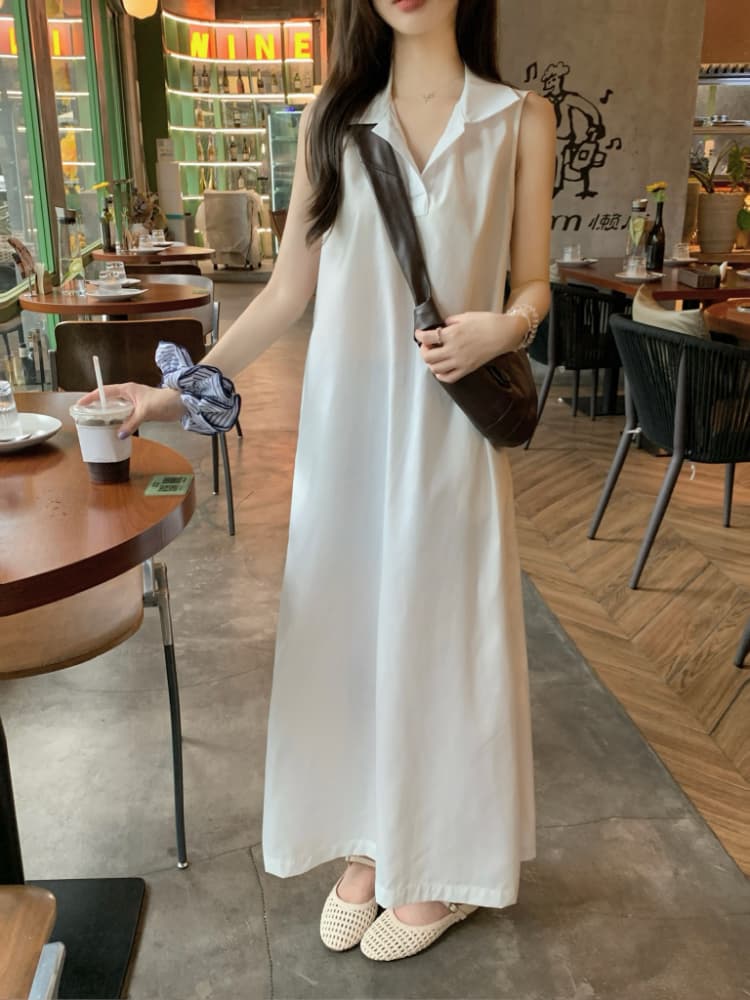 실사 정가 한 부서 미니멀리즘 POLO 칼라 민소매 여성 드레스 루즈핏 품격 조끼 스커트 느슨함 센스 롱 스커트 상세 이미지 16