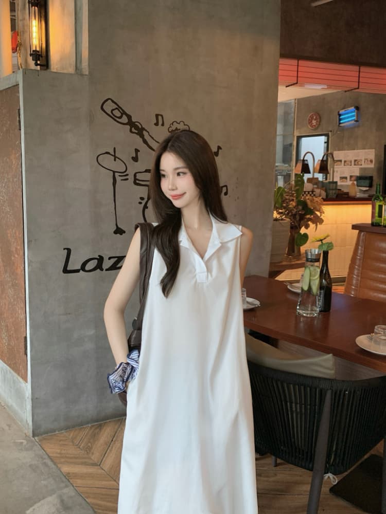 실사 정가 한 부서 미니멀리즘 POLO 칼라 민소매 여성 드레스 루즈핏 품격 조끼 스커트 느슨함 센스 롱 스커트 상세 이미지 17