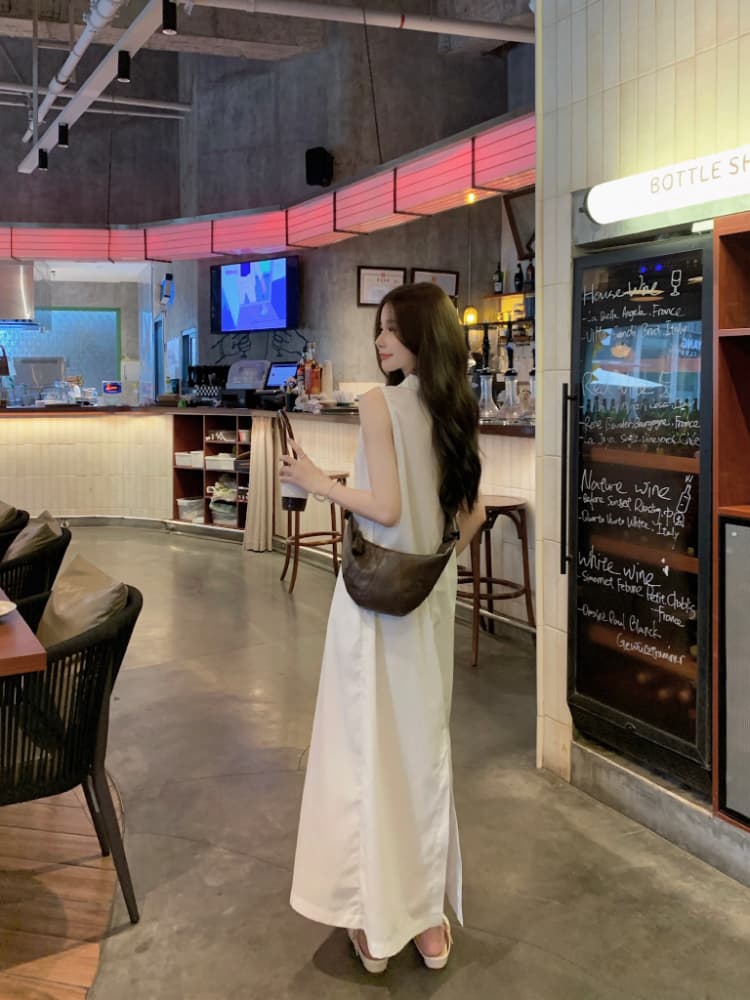 실사 정가 한 부서 미니멀리즘 POLO 칼라 민소매 여성 드레스 루즈핏 품격 조끼 스커트 느슨함 센스 롱 스커트 상세 이미지 19