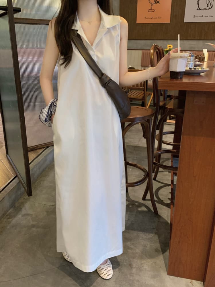 실사 정가 한 부서 미니멀리즘 POLO 칼라 민소매 여성 드레스 루즈핏 품격 조끼 스커트 느슨함 센스 롱 스커트 상세 이미지 20