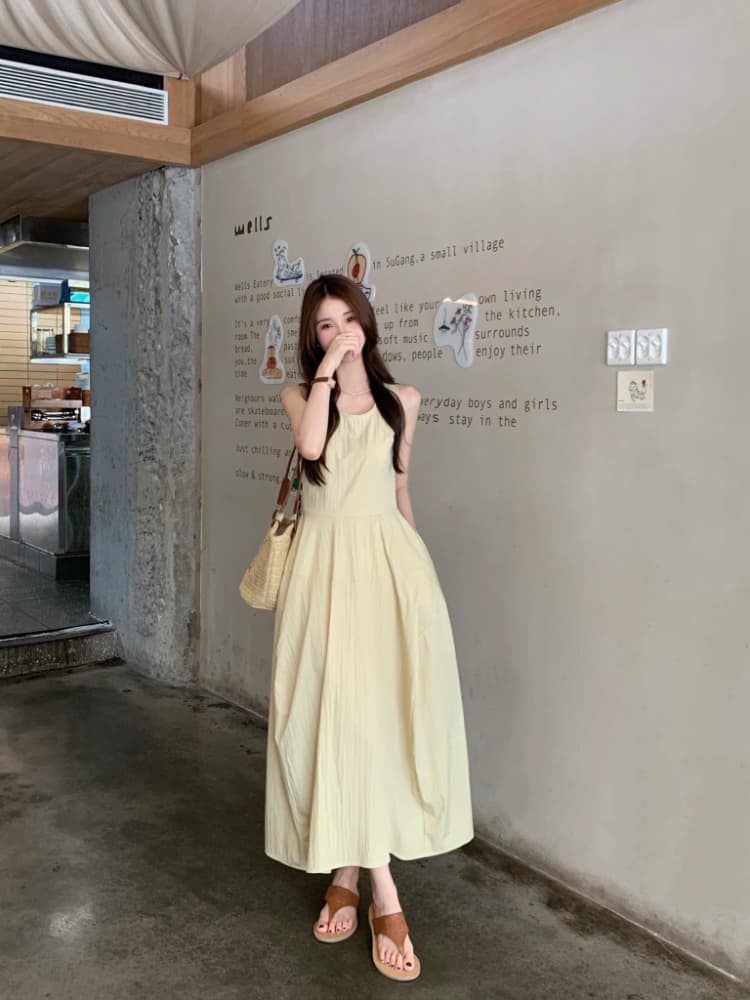 실사 정가 한 부서 라운드 넥 민소매 퍼프 꽃밭 치마 여성 여름 휴가 바람 디자인 허리 수축 조끼 원피스 상세 이미지 3