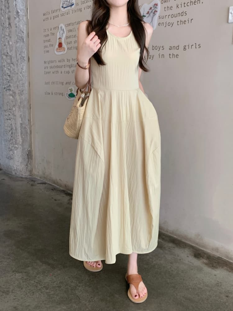 실사 정가 한 부서 라운드 넥 민소매 퍼프 꽃밭 치마 여성 여름 휴가 바람 디자인 허리 수축 조끼 원피스 상세 이미지 5
