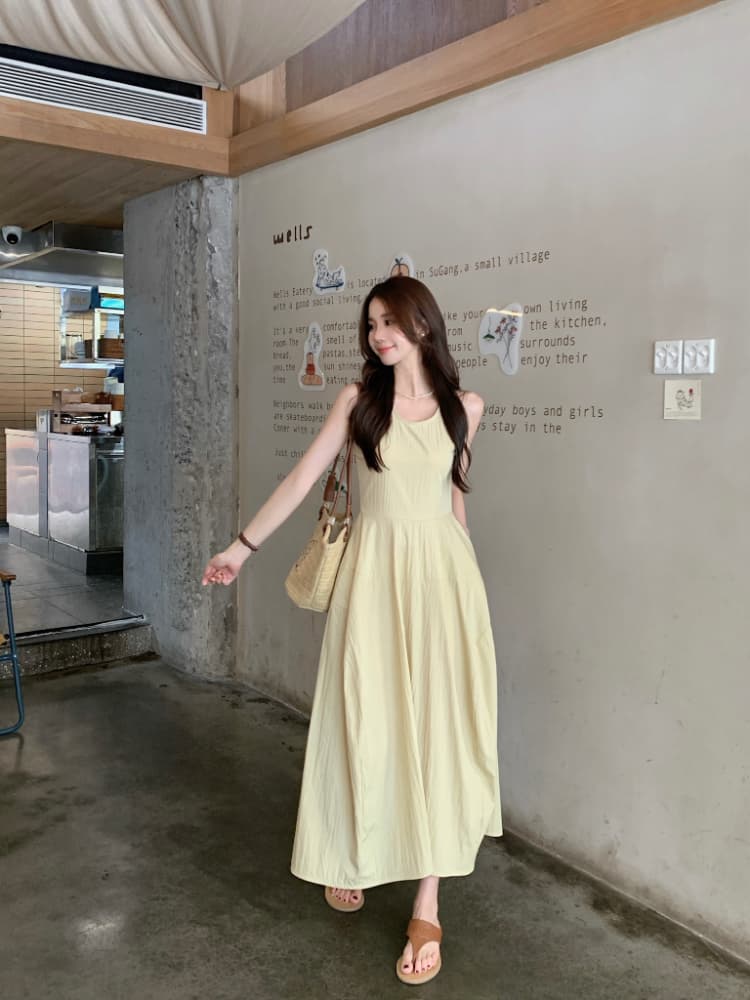 실사 정가 한 부서 라운드 넥 민소매 퍼프 꽃밭 치마 여성 여름 휴가 바람 디자인 허리 수축 조끼 원피스 상세 이미지 6
