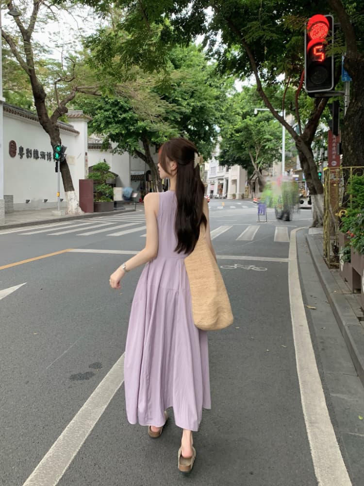 실사 정가 한 부서 라운드 넥 민소매 퍼프 꽃밭 치마 여성 여름 휴가 바람 디자인 허리 수축 조끼 원피스 상세 이미지 14