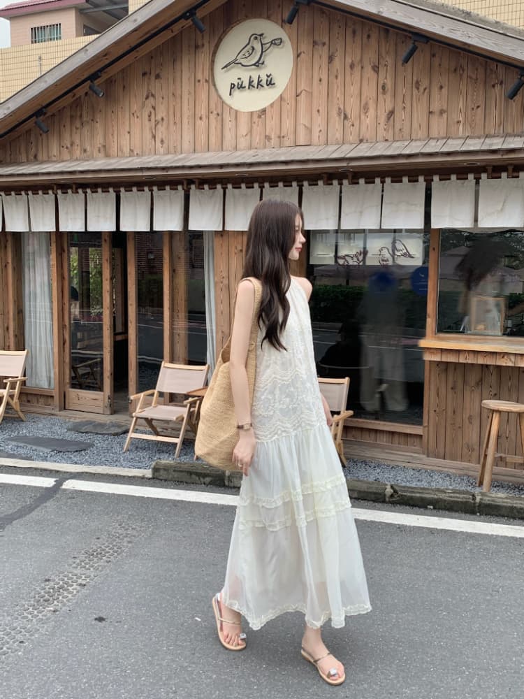 실사 정가 여름 chic 프랑스식 미니멀리즘 민소매 루즈핏 롱 코트 프릴 자수 행침 목 여성 드레스 상세 이미지 1