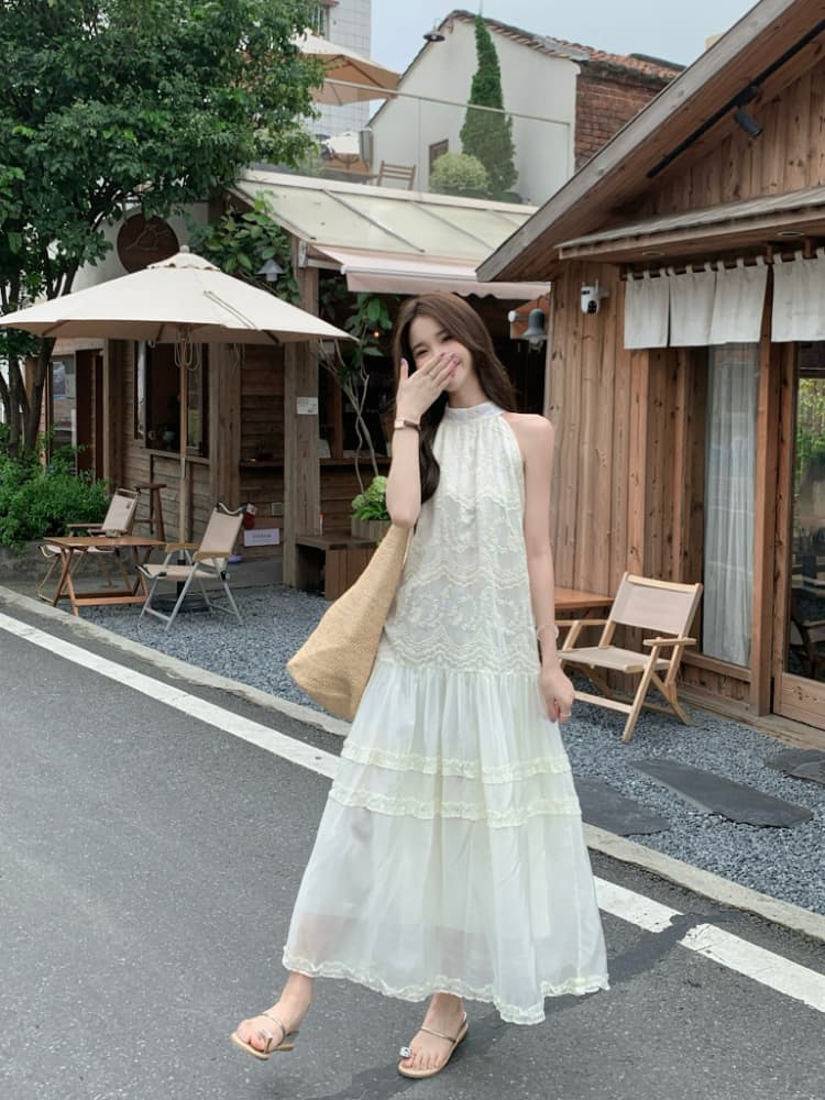 실사 정가 여름 chic 프랑스식 미니멀리즘 민소매 루즈핏 롱 코트 프릴 자수 행침 목 여성 드레스 상세 이미지 2