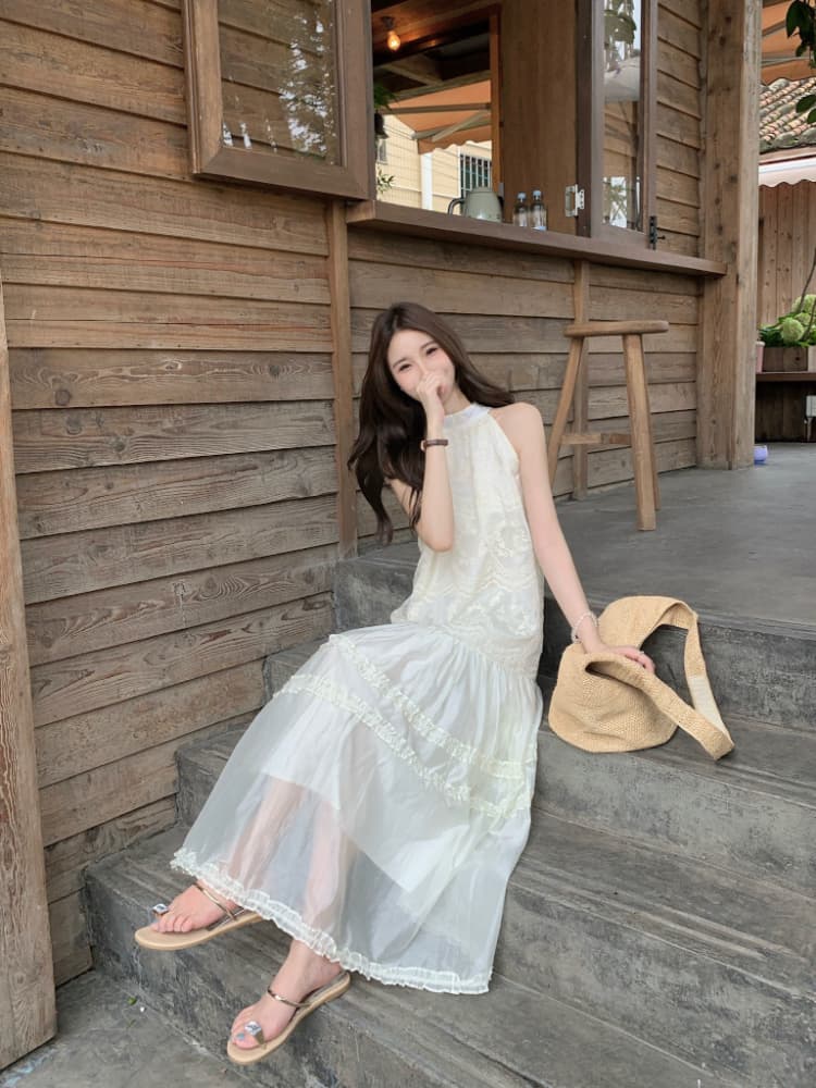 실사 정가 여름 chic 프랑스식 미니멀리즘 민소매 루즈핏 롱 코트 프릴 자수 행침 목 여성 드레스 상세 이미지 3