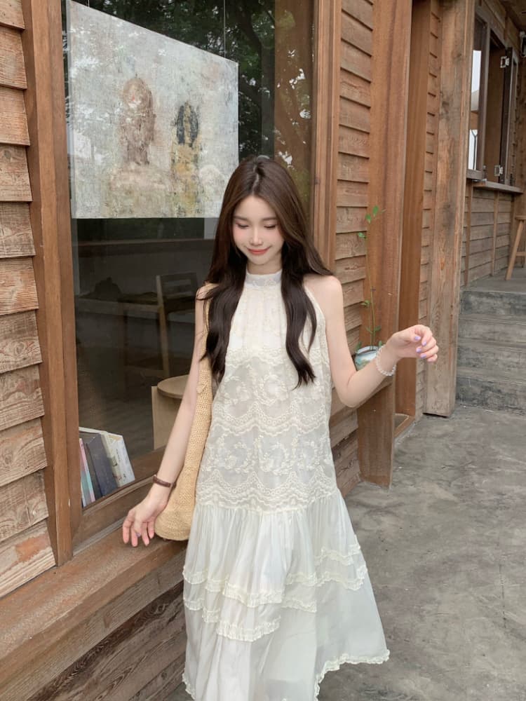 실사 정가 여름 chic 프랑스식 미니멀리즘 민소매 루즈핏 롱 코트 프릴 자수 행침 목 여성 드레스 상세 이미지 4