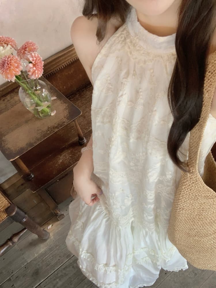 실사 정가 여름 chic 프랑스식 미니멀리즘 민소매 루즈핏 롱 코트 프릴 자수 행침 목 여성 드레스 상세 이미지 5