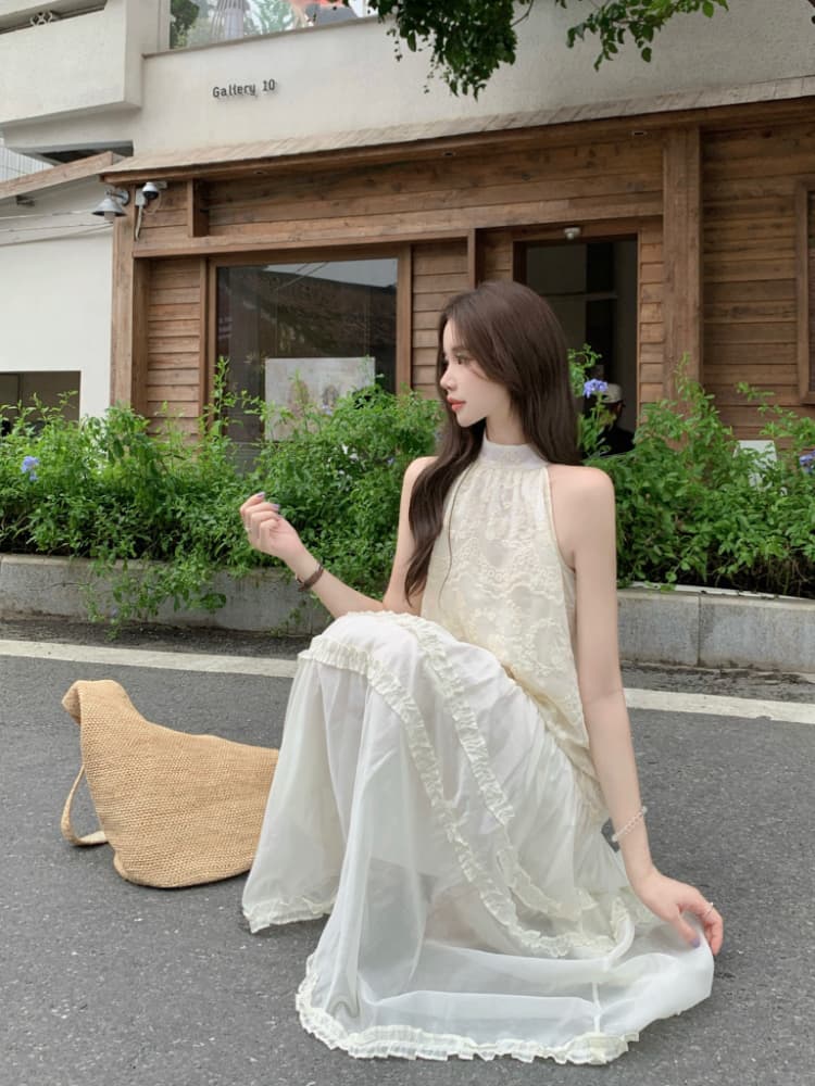 실사 정가 여름 chic 프랑스식 미니멀리즘 민소매 루즈핏 롱 코트 프릴 자수 행침 목 여성 드레스 상세 이미지 7