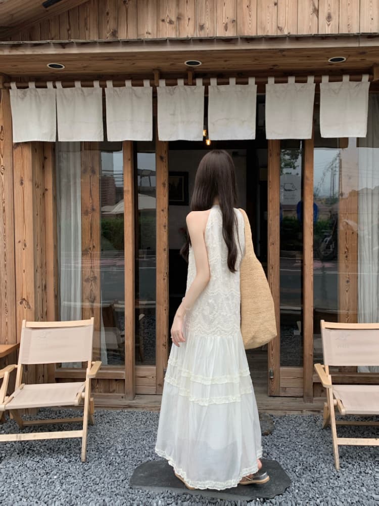 실사 정가 여름 chic 프랑스식 미니멀리즘 민소매 루즈핏 롱 코트 프릴 자수 행침 목 여성 드레스 상세 이미지 8