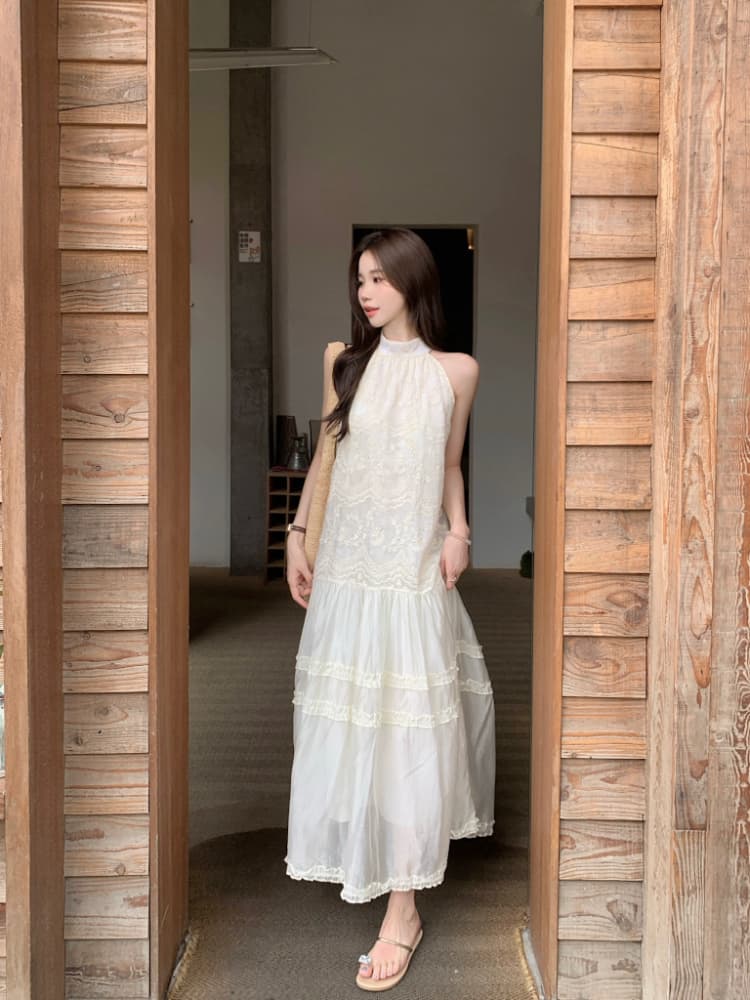 실사 정가 여름 chic 프랑스식 미니멀리즘 민소매 루즈핏 롱 코트 프릴 자수 행침 목 여성 드레스 상세 이미지 9