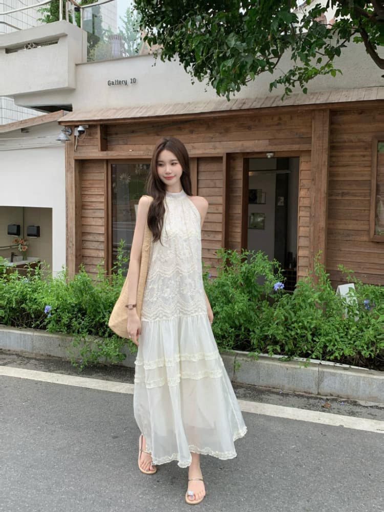 실사 정가 여름 chic 프랑스식 미니멀리즘 민소매 루즈핏 롱 코트 프릴 자수 행침 목 여성 드레스 상세 이미지 10