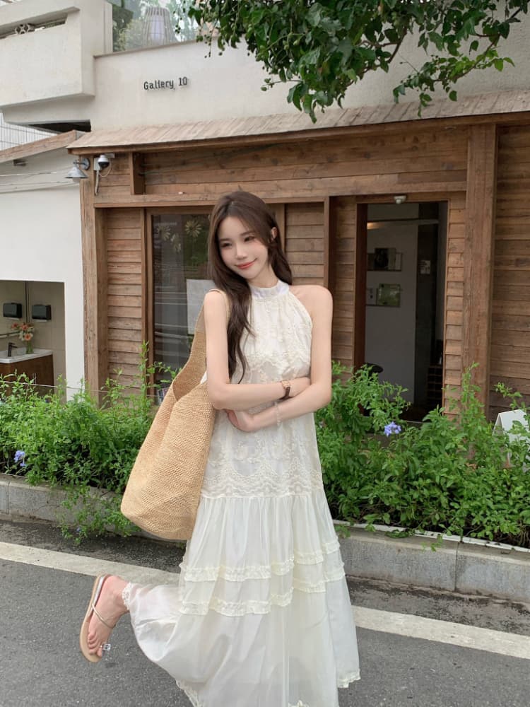 실사 정가 여름 chic 프랑스식 미니멀리즘 민소매 루즈핏 롱 코트 프릴 자수 행침 목 여성 드레스 상세 이미지 11