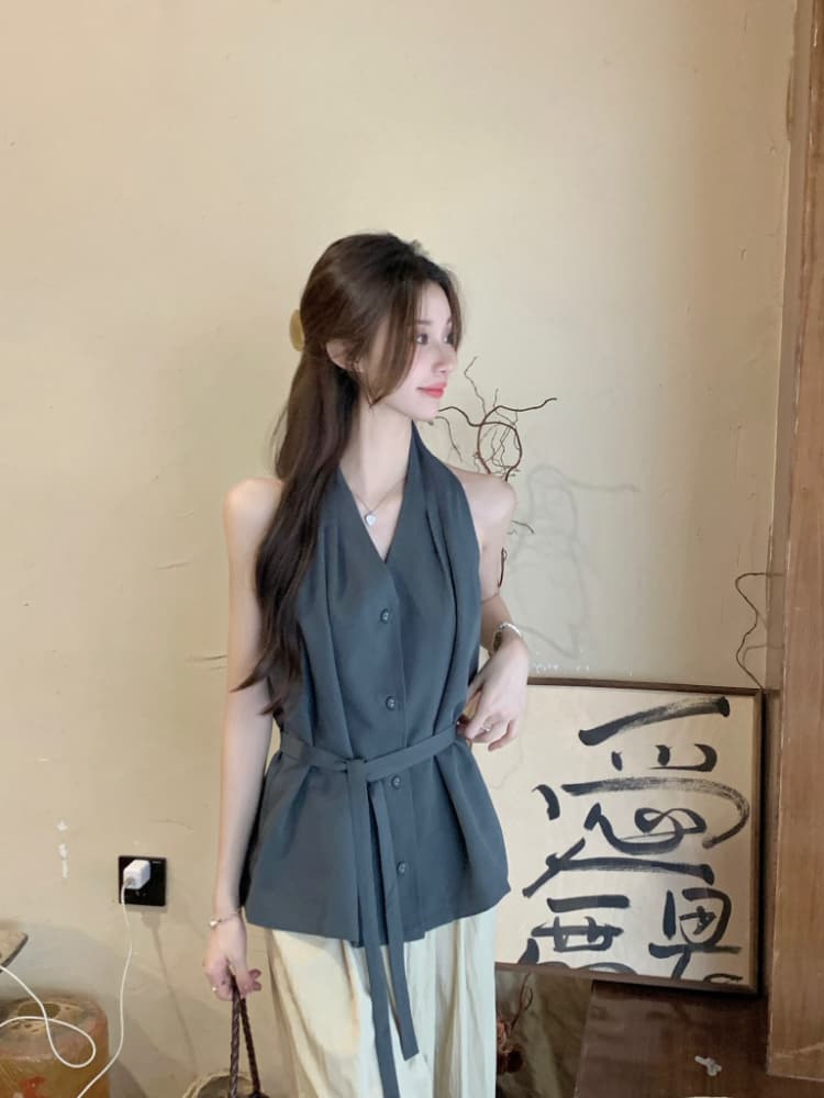 실사 정가 프랑스식 품격 행침 목 여성 셔츠 여름 민소매 레이스업 작은 대중 디자인 센스 다용도 맨위 트렌디 상세 이미지 5