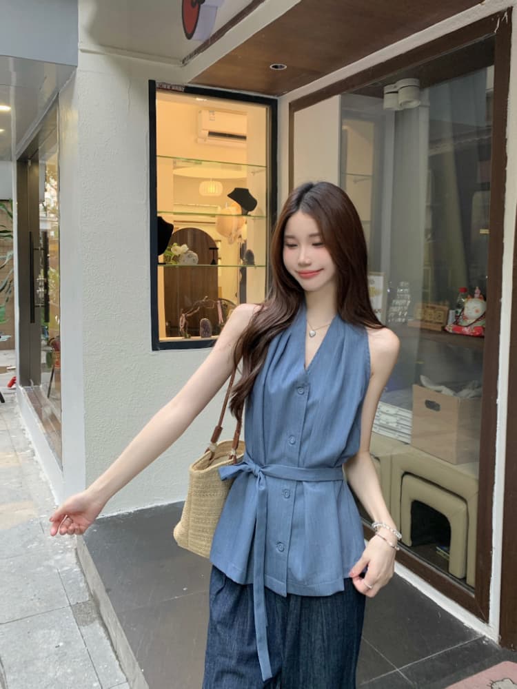 실사 정가 프랑스식 품격 행침 목 여성 셔츠 여름 민소매 레이스업 작은 대중 디자인 센스 다용도 맨위 트렌디 상세 이미지 9