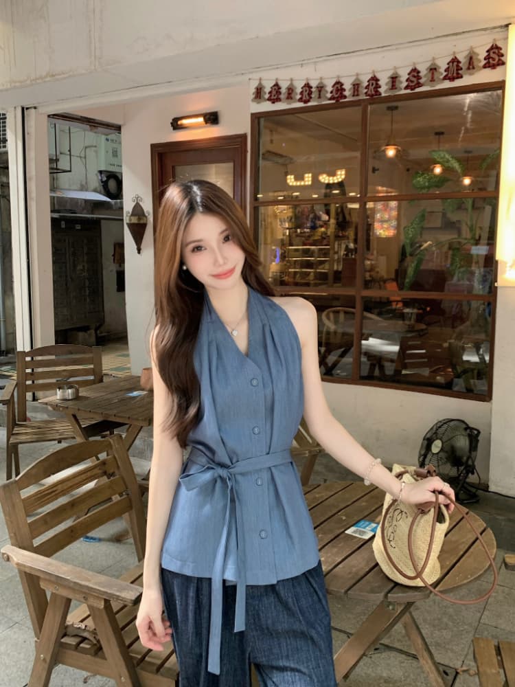 실사 정가 프랑스식 품격 행침 목 여성 셔츠 여름 민소매 레이스업 작은 대중 디자인 센스 다용도 맨위 트렌디 상세 이미지 11