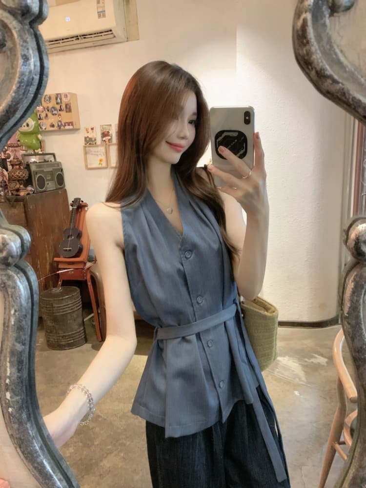 실사 정가 프랑스식 품격 행침 목 여성 셔츠 여름 민소매 레이스업 작은 대중 디자인 센스 다용도 맨위 트렌디 상세 이미지 13