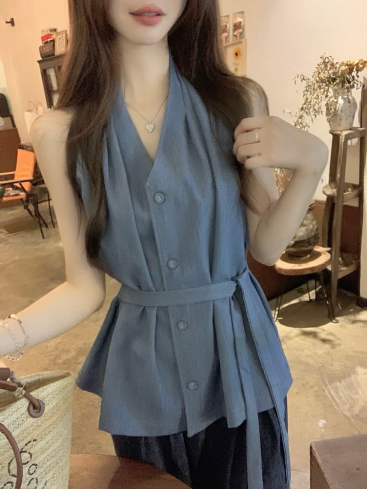 실사 정가 프랑스식 품격 행침 목 여성 셔츠 여름 민소매 레이스업 작은 대중 디자인 센스 다용도 맨위 트렌디 상세 이미지 14
