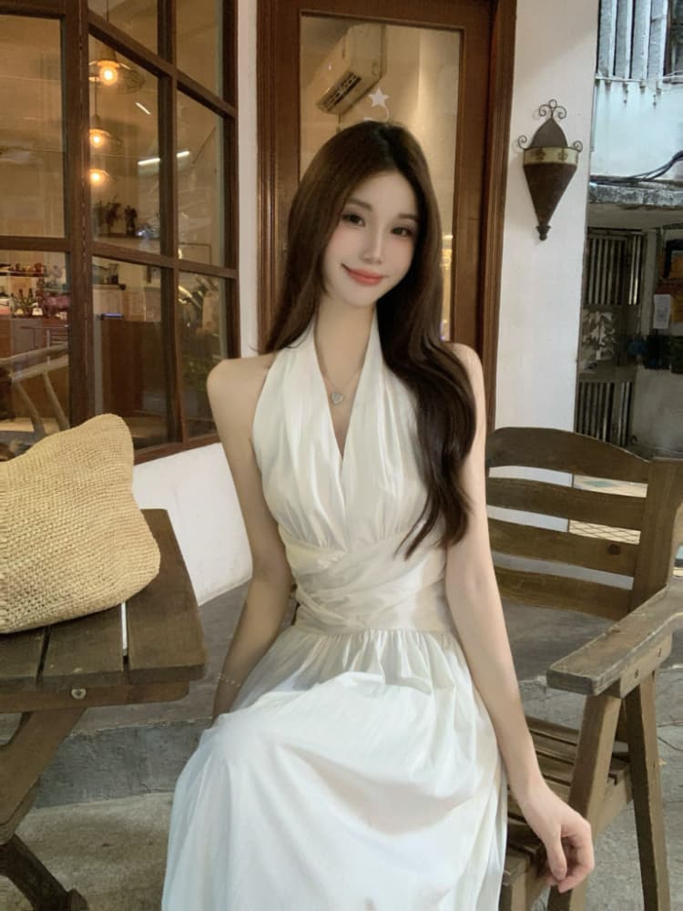 실사 정가 프랑스식 V넥 주름 몸매 가꾸기 슬림해 보이는 롱 코트 치마 아이들 화이트 민소매 행침 목 조끼 원피스 상세 이미지 3