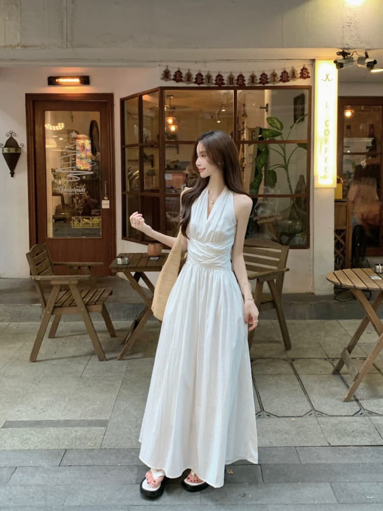 실사 정가 프랑스식 V넥 주름 몸매 가꾸기 슬림해 보이는 롱 코트 치마 아이들 화이트 민소매 행침 목 조끼 원피스 상세 이미지 5