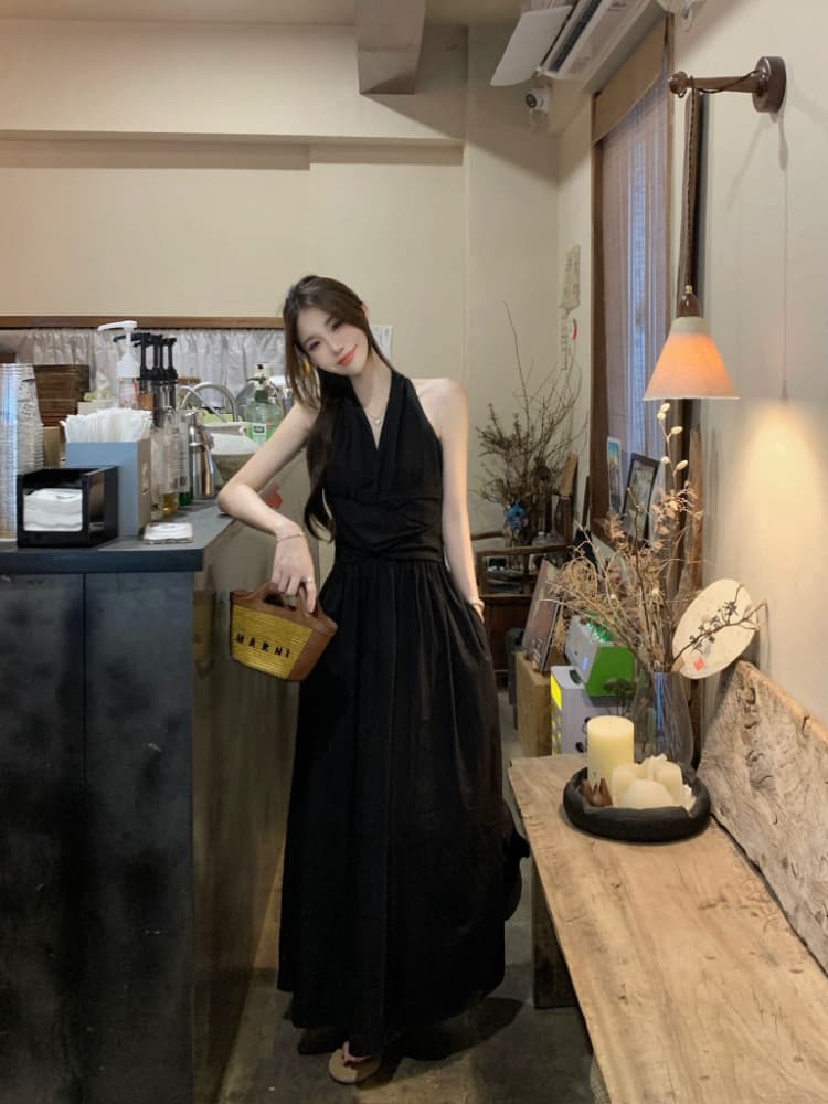 실사 정가 프랑스식 V넥 주름 몸매 가꾸기 슬림해 보이는 롱 코트 치마 아이들 화이트 민소매 행침 목 조끼 원피스 상세 이미지 18