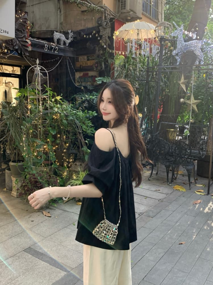 실사 정가 한 부서 오프숄더 슬립 반팔 여성 셔츠 품격 루즈핏 표지 고기 슬림해 보이는 다용도 오프숄더 맨위 상세 이미지 6
