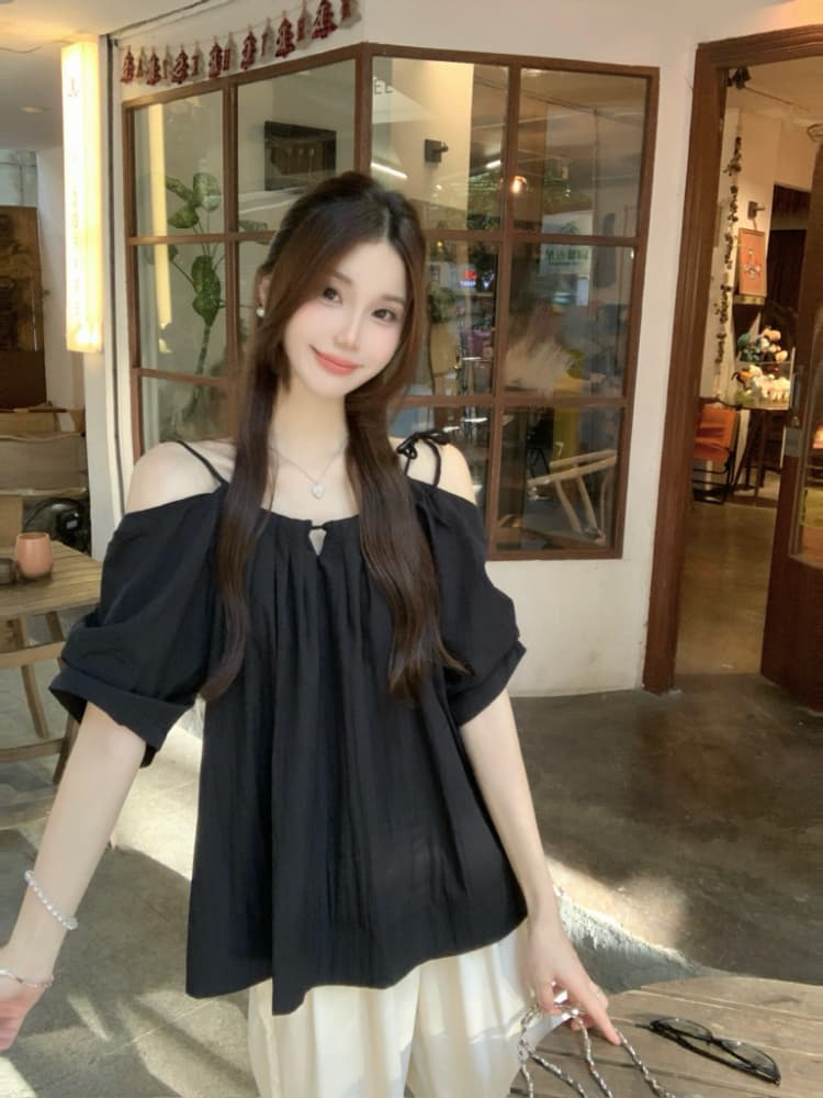 실사 정가 한 부서 오프숄더 슬립 반팔 여성 셔츠 품격 루즈핏 표지 고기 슬림해 보이는 다용도 오프숄더 맨위 상세 이미지 7