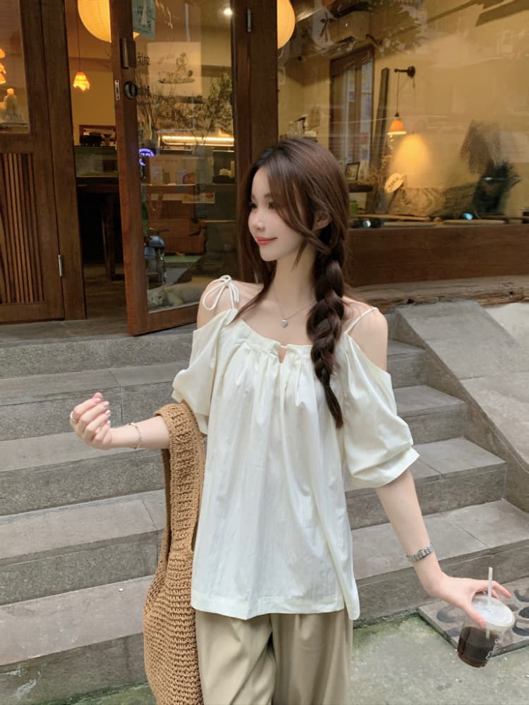 실사 정가 한 부서 오프숄더 슬립 반팔 여성 셔츠 품격 루즈핏 표지 고기 슬림해 보이는 다용도 오프숄더 맨위 상세 이미지 12