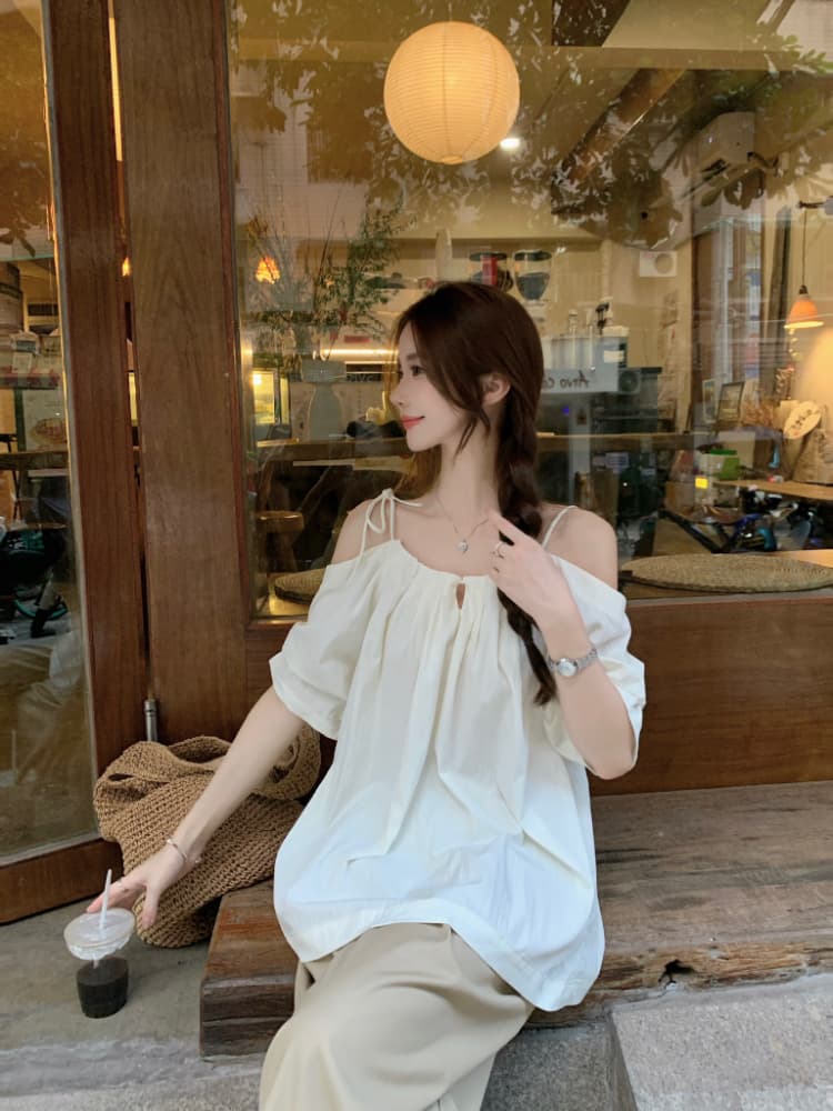실사 정가 한 부서 오프숄더 슬립 반팔 여성 셔츠 품격 루즈핏 표지 고기 슬림해 보이는 다용도 오프숄더 맨위 상세 이미지 16