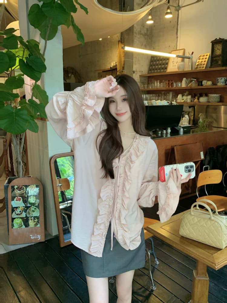 실사 정가 가을 프랑스식 V넥 레이스업 프릴 슬림해 보이는 나팔 소매 한 부서 품격 셔츠 맨위 여성 상세 이미지 7