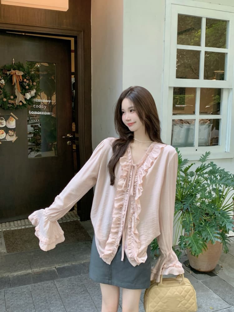 실사 정가 가을 프랑스식 V넥 레이스업 프릴 슬림해 보이는 나팔 소매 한 부서 품격 셔츠 맨위 여성 상세 이미지 9