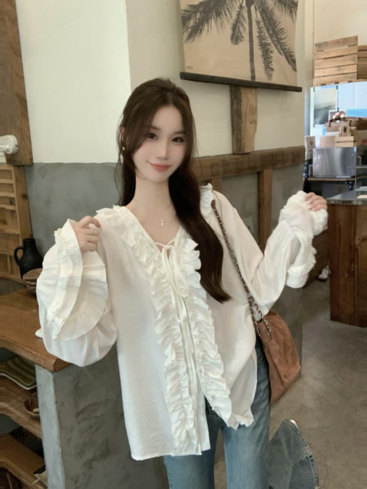 실사 정가 가을 프랑스식 V넥 레이스업 프릴 슬림해 보이는 나팔 소매 한 부서 품격 셔츠 맨위 여성 상세 이미지 11