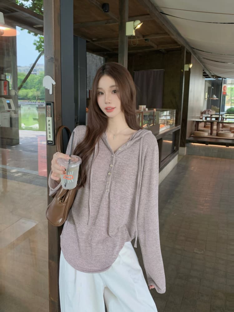 실사 정가 봄 미니멀리즘 루즈핏 품격 티셔츠 맨위 다용도 한 부서 부드러운 찹쌀 하프 열기 후드 작은 셔츠 상세 이미지 2