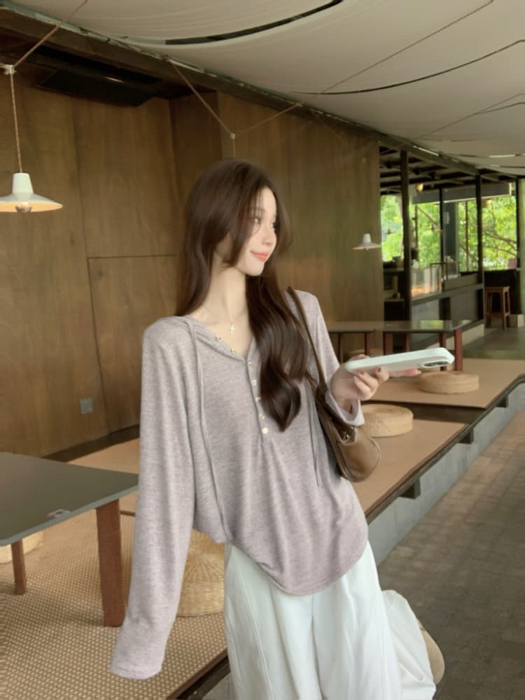 실사 정가 봄 미니멀리즘 루즈핏 품격 티셔츠 맨위 다용도 한 부서 부드러운 찹쌀 하프 열기 후드 작은 셔츠 상세 이미지 3