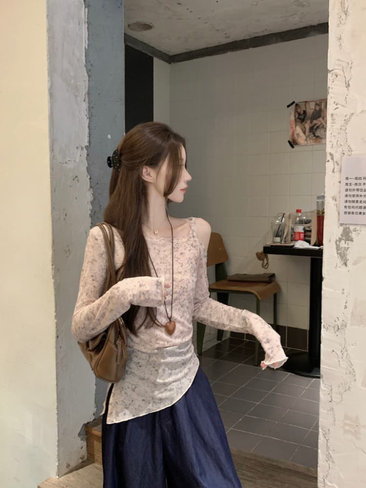 실사 정가 레트로 헤일로 염색 프릴 비스듬한 어깨 작은 셔츠 여성 한 부서 디자인 센스 순수한 욕망 바람이 아닙니다. 규칙 맨위 상세 이미지 2