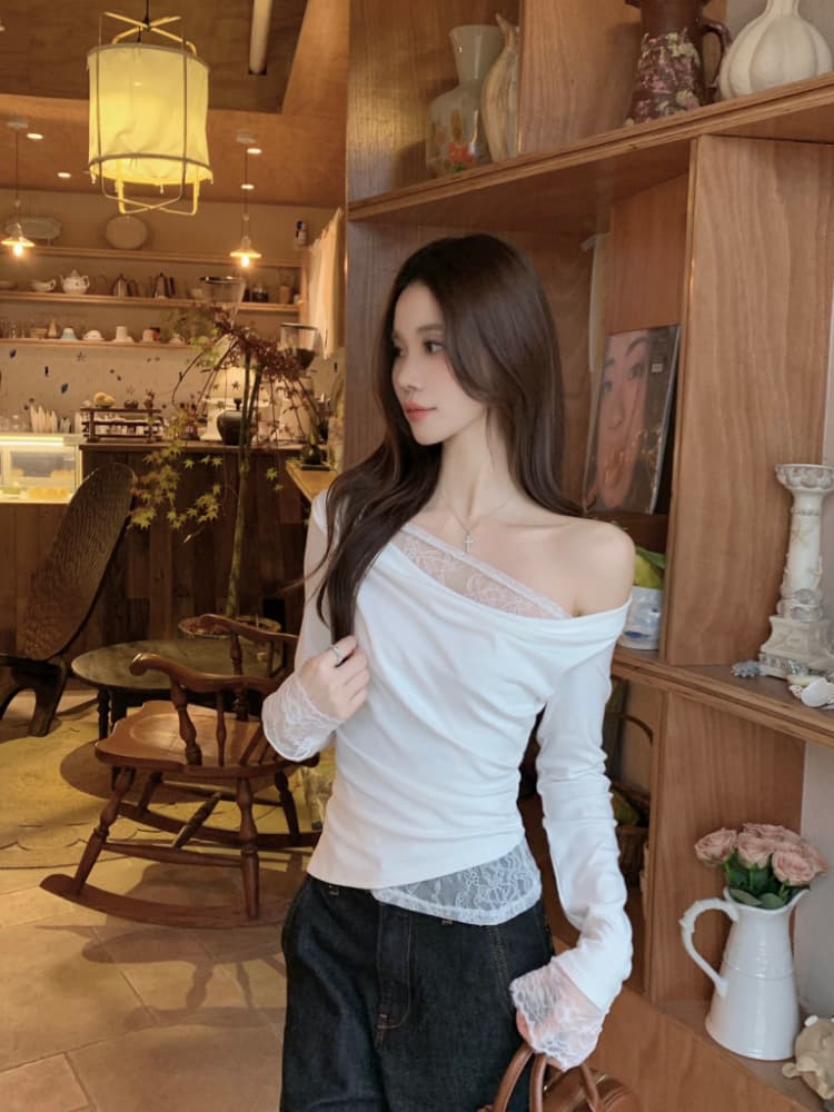 실사 정가 품격 페이크 레이어드 레이스 레이스 기본 셔츠 여성 부드러운 바람 작은 여자 비스듬한 어깨 순수한 욕망 맨위 상세 이미지 2