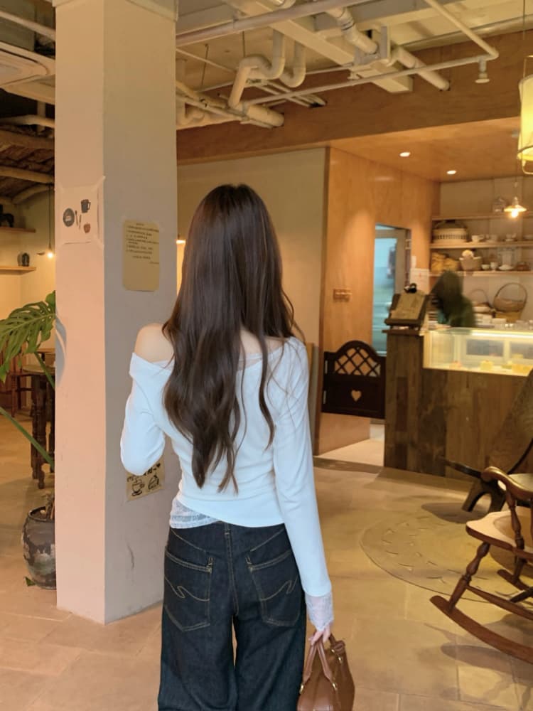 실사 정가 품격 페이크 레이어드 레이스 레이스 기본 셔츠 여성 부드러운 바람 작은 여자 비스듬한 어깨 순수한 욕망 맨위 상세 이미지 3
