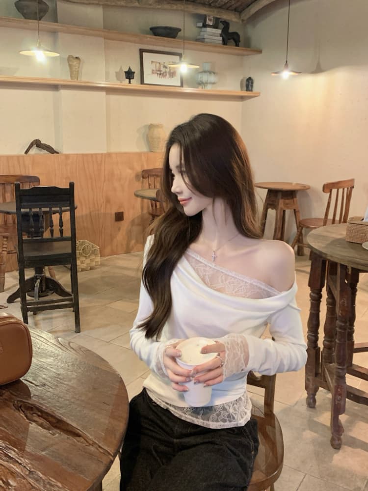 실사 정가 품격 페이크 레이어드 레이스 레이스 기본 셔츠 여성 부드러운 바람 작은 여자 비스듬한 어깨 순수한 욕망 맨위 상세 이미지 5