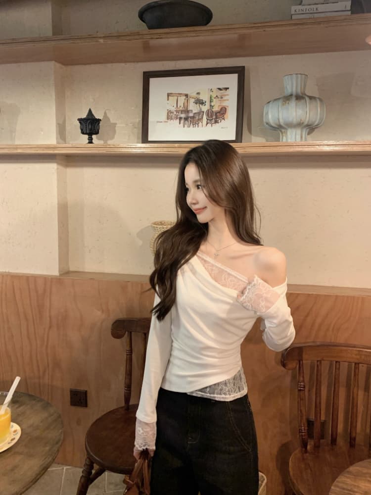 실사 정가 품격 페이크 레이어드 레이스 레이스 기본 셔츠 여성 부드러운 바람 작은 여자 비스듬한 어깨 순수한 욕망 맨위 상세 이미지 7