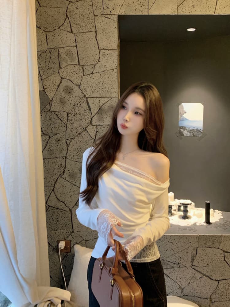 실사 정가 품격 페이크 레이어드 레이스 레이스 기본 셔츠 여성 부드러운 바람 작은 여자 비스듬한 어깨 순수한 욕망 맨위 상세 이미지 9