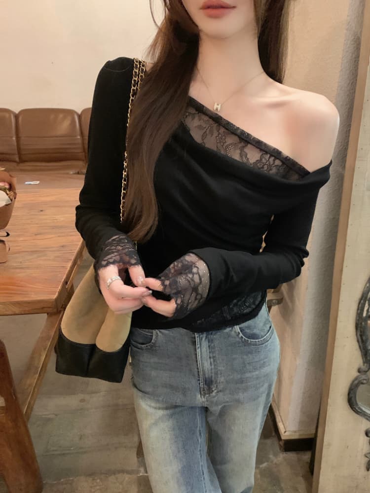 실사 정가 품격 페이크 레이어드 레이스 레이스 기본 셔츠 여성 부드러운 바람 작은 여자 비스듬한 어깨 순수한 욕망 맨위 상세 이미지 11