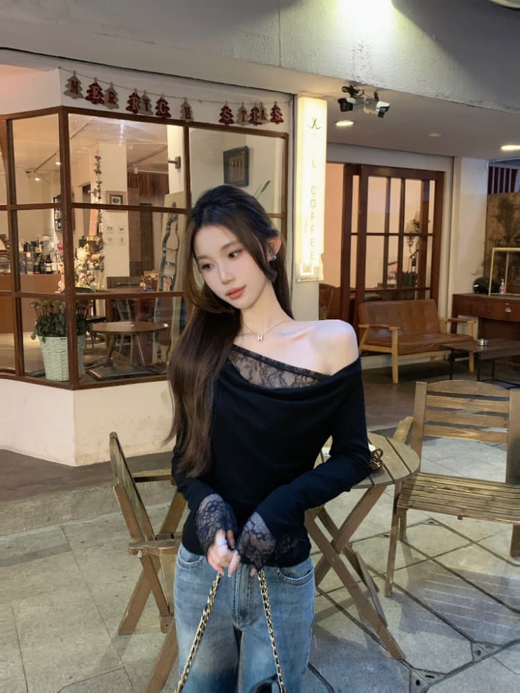 실사 정가 품격 페이크 레이어드 레이스 레이스 기본 셔츠 여성 부드러운 바람 작은 여자 비스듬한 어깨 순수한 욕망 맨위 상세 이미지 12