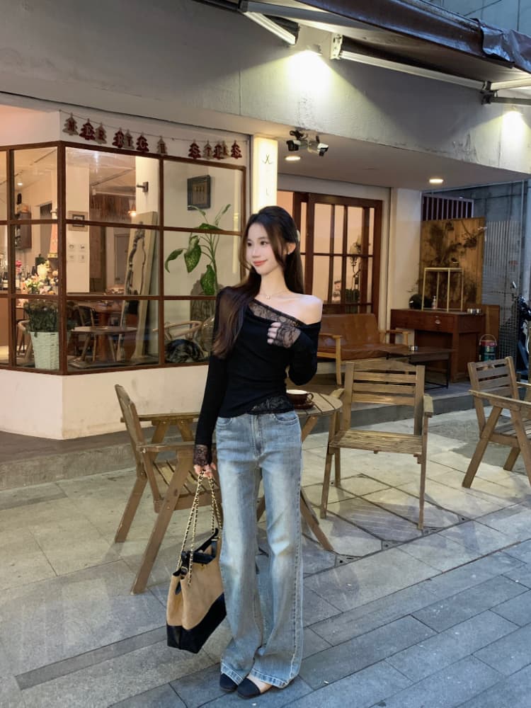 실사 정가 품격 페이크 레이어드 레이스 레이스 기본 셔츠 여성 부드러운 바람 작은 여자 비스듬한 어깨 순수한 욕망 맨위 상세 이미지 14