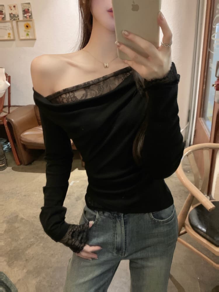 실사 정가 품격 페이크 레이어드 레이스 레이스 기본 셔츠 여성 부드러운 바람 작은 여자 비스듬한 어깨 순수한 욕망 맨위 상세 이미지 17